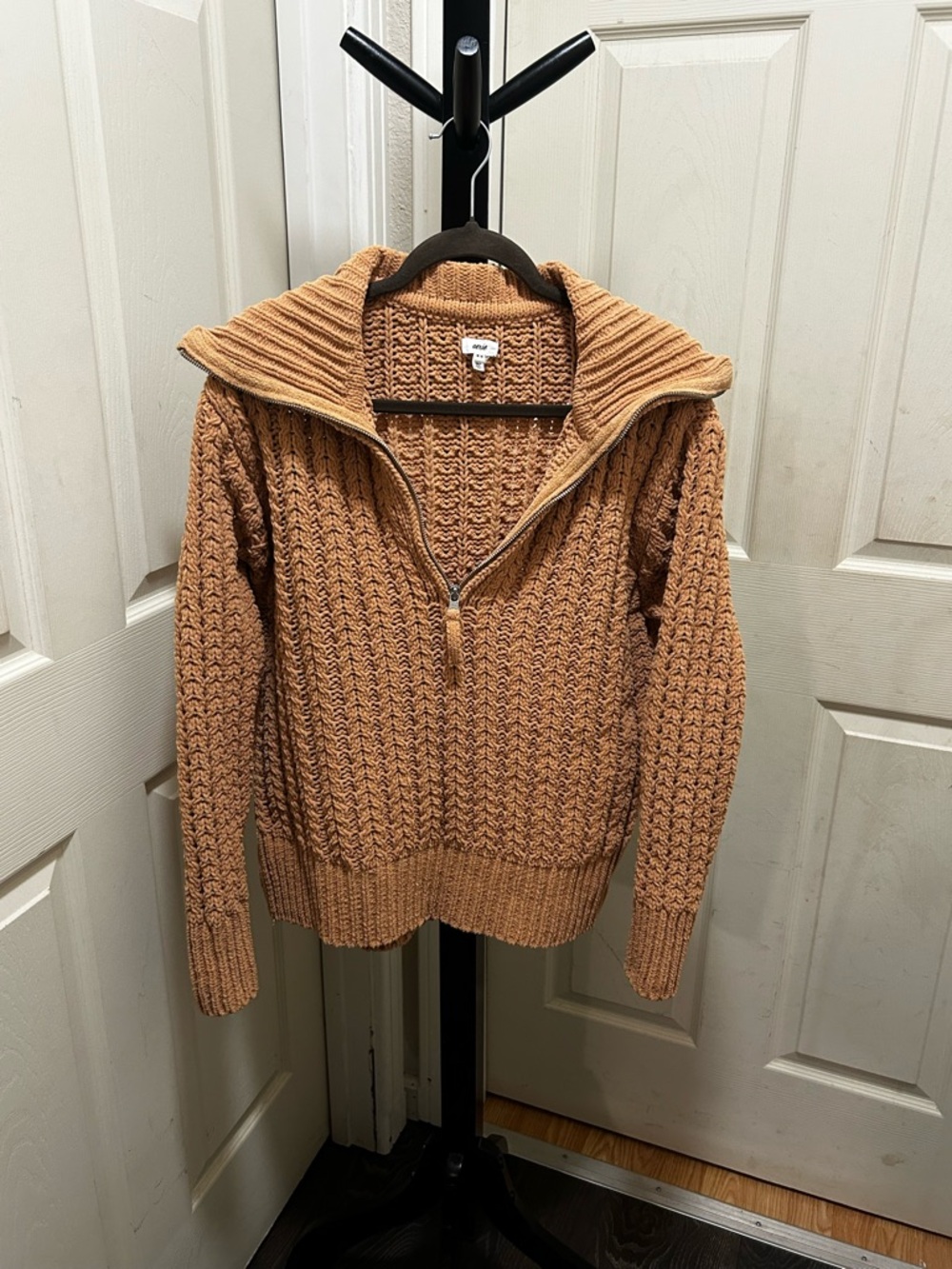 Aerie Cable Car Quarter-Zip Sweater in the color Camel - Picture 2 of 9